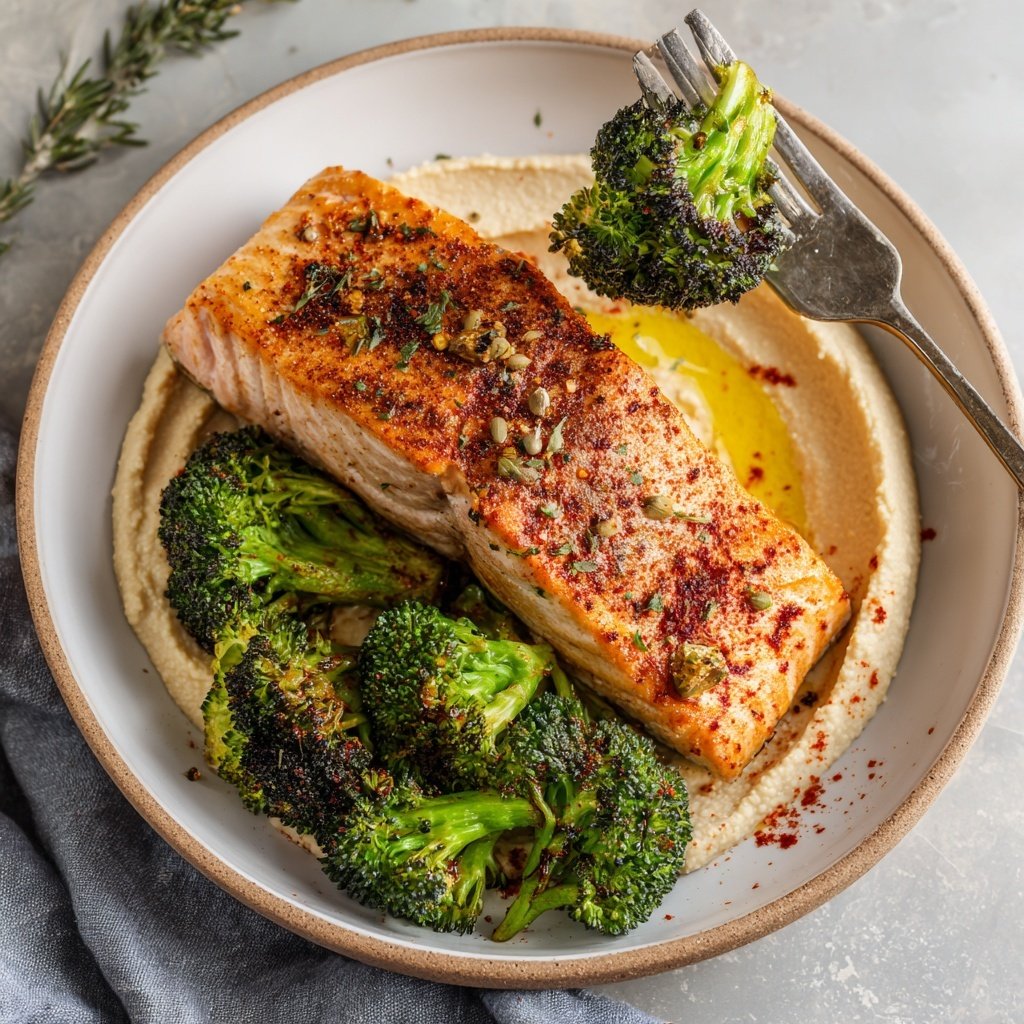 Salmão mediterrâneo saudável brócolis homus