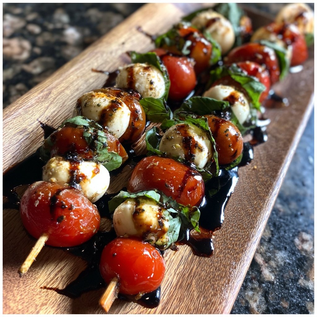 Espetos caprese glacê balsâmico