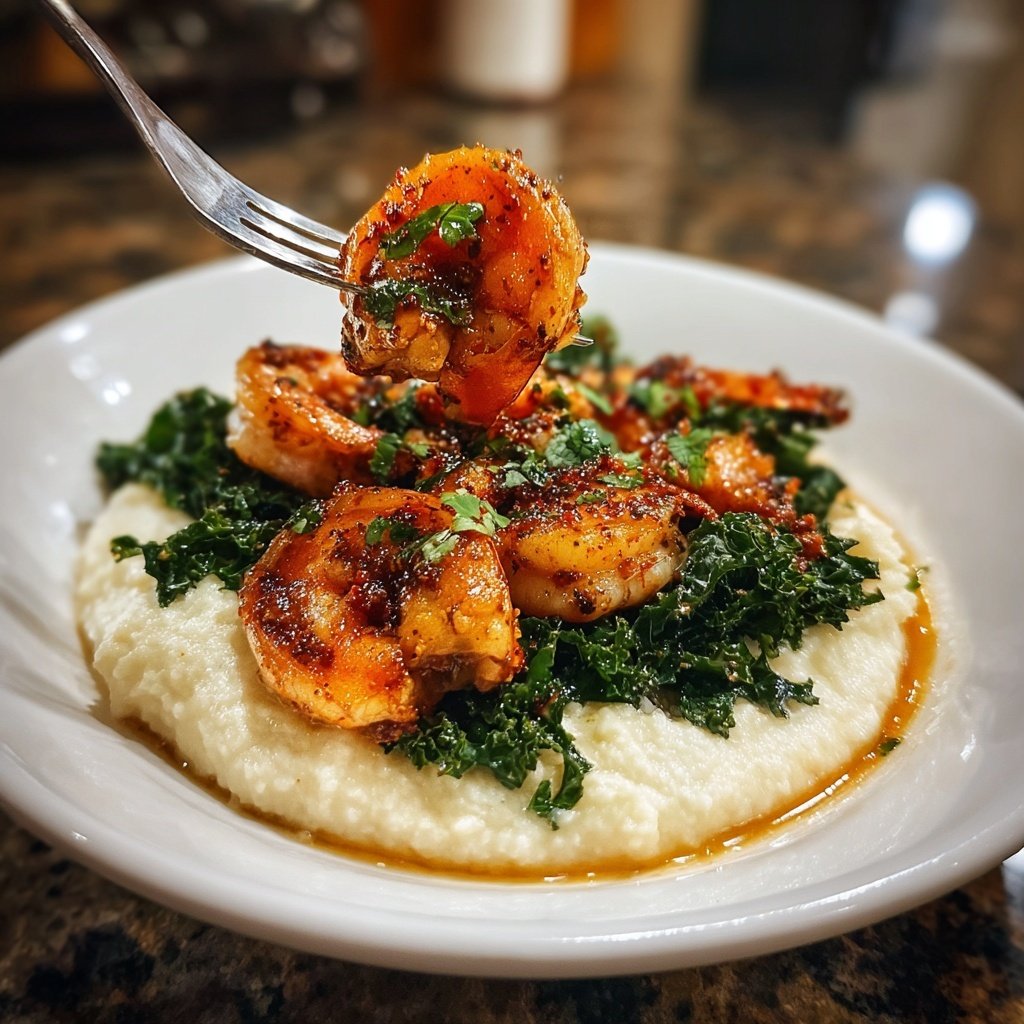 Camarões Picantes com Purê de Couve-Flor e Couve