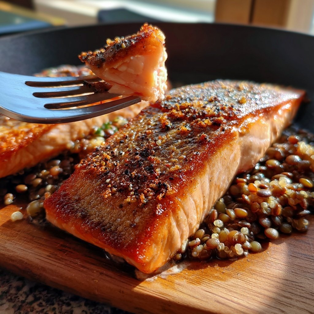 Salmão perfeito assado quinoa lentilhas