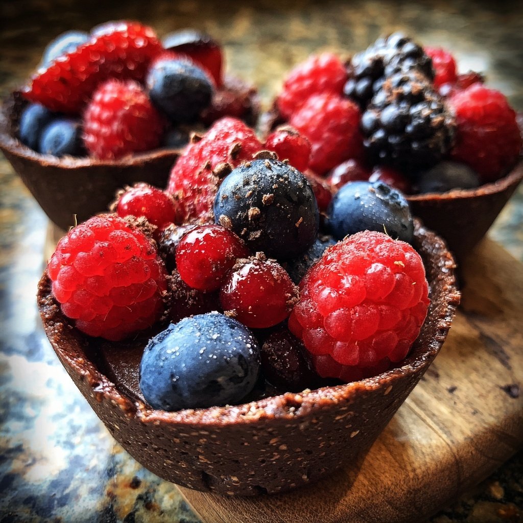 Taças de chocolate cacau e bagas