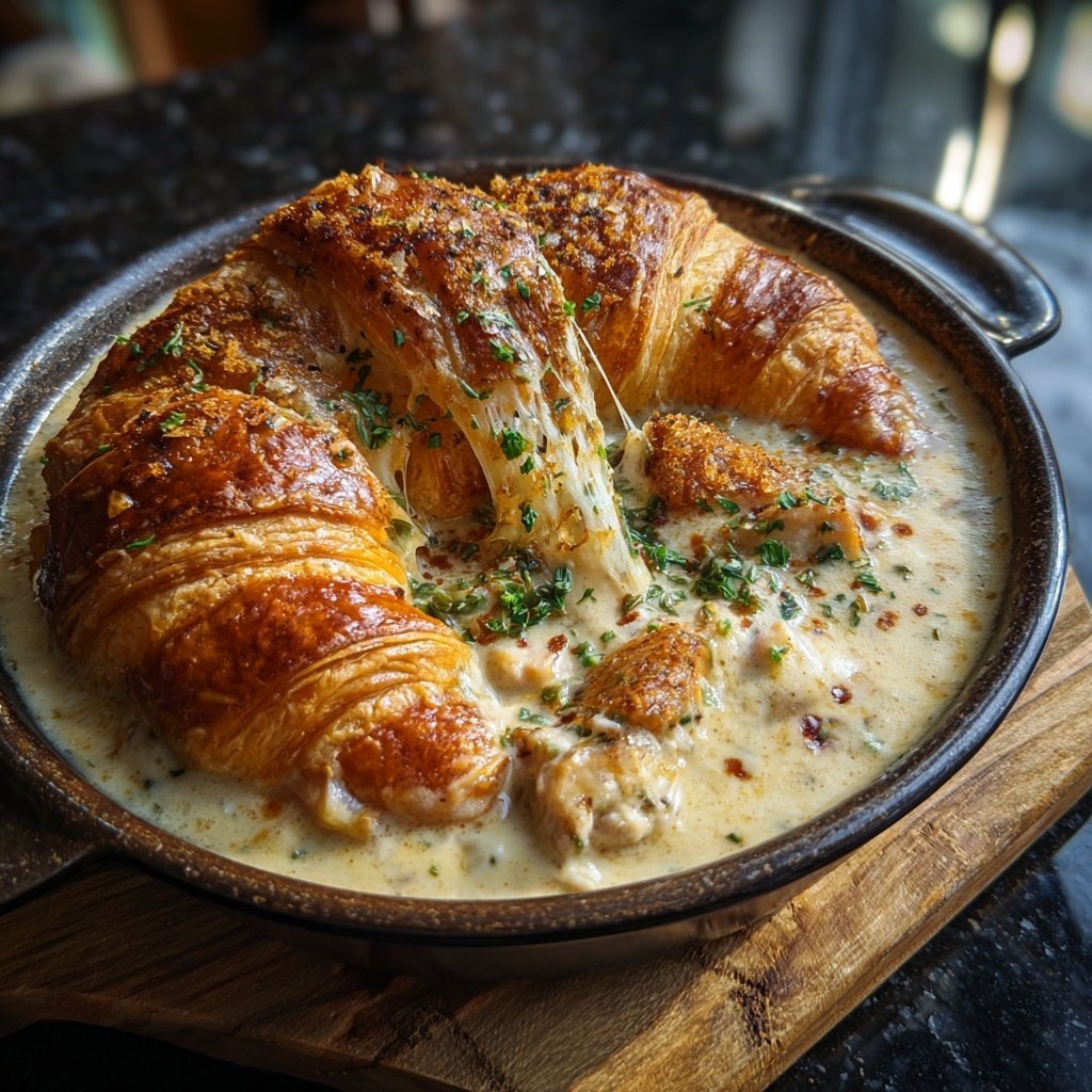 Cazuela cremosa de frango com croissant