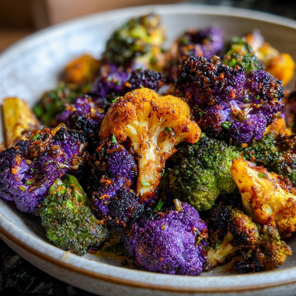 Assados couve-flor roxa brócolis laranja
