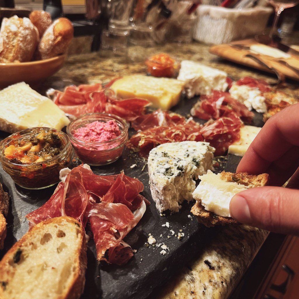 Tábua com queijos, presunto e patês