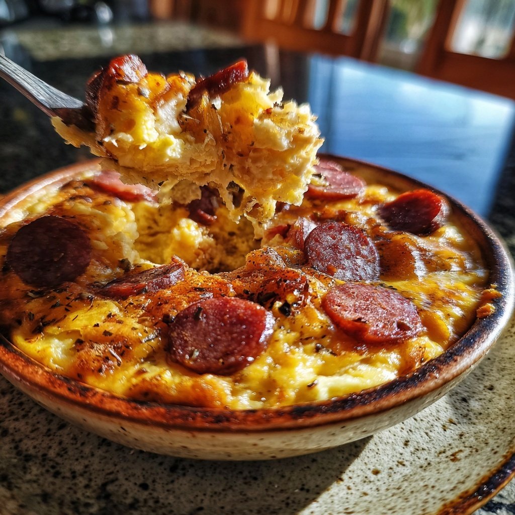 Fácil café da manhã linguiça ovo casserola
