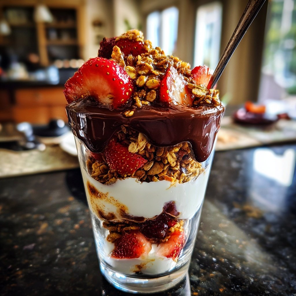 Parfait de iogurte de morango com chocolate