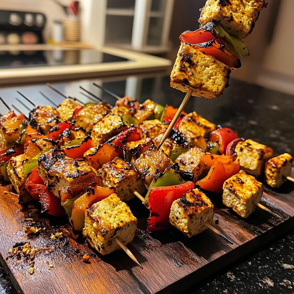 Espetinhos veganos na grelha de tofu e legumes