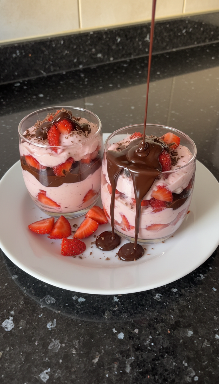 Taças de sonho de morango com chocolate