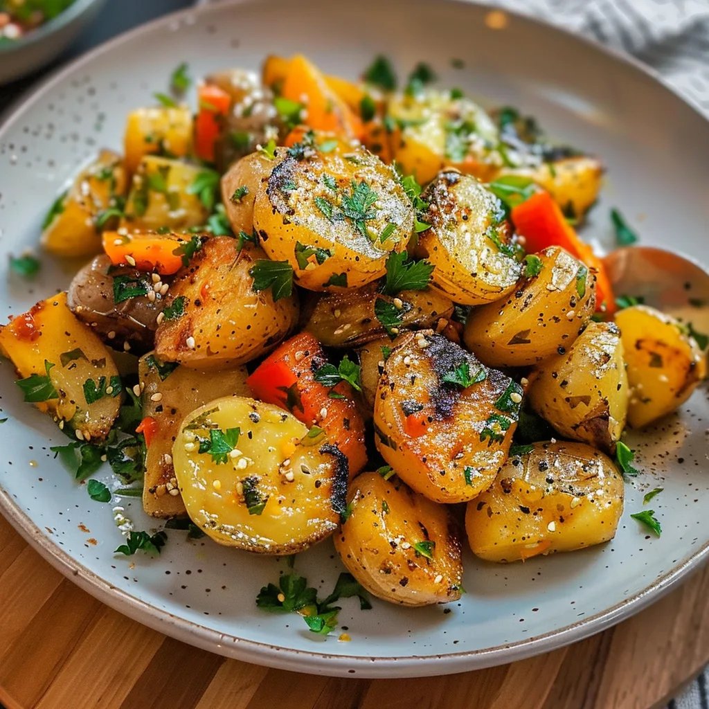 Batatas, cenouras e abobrinhas assadas com ervas e alho